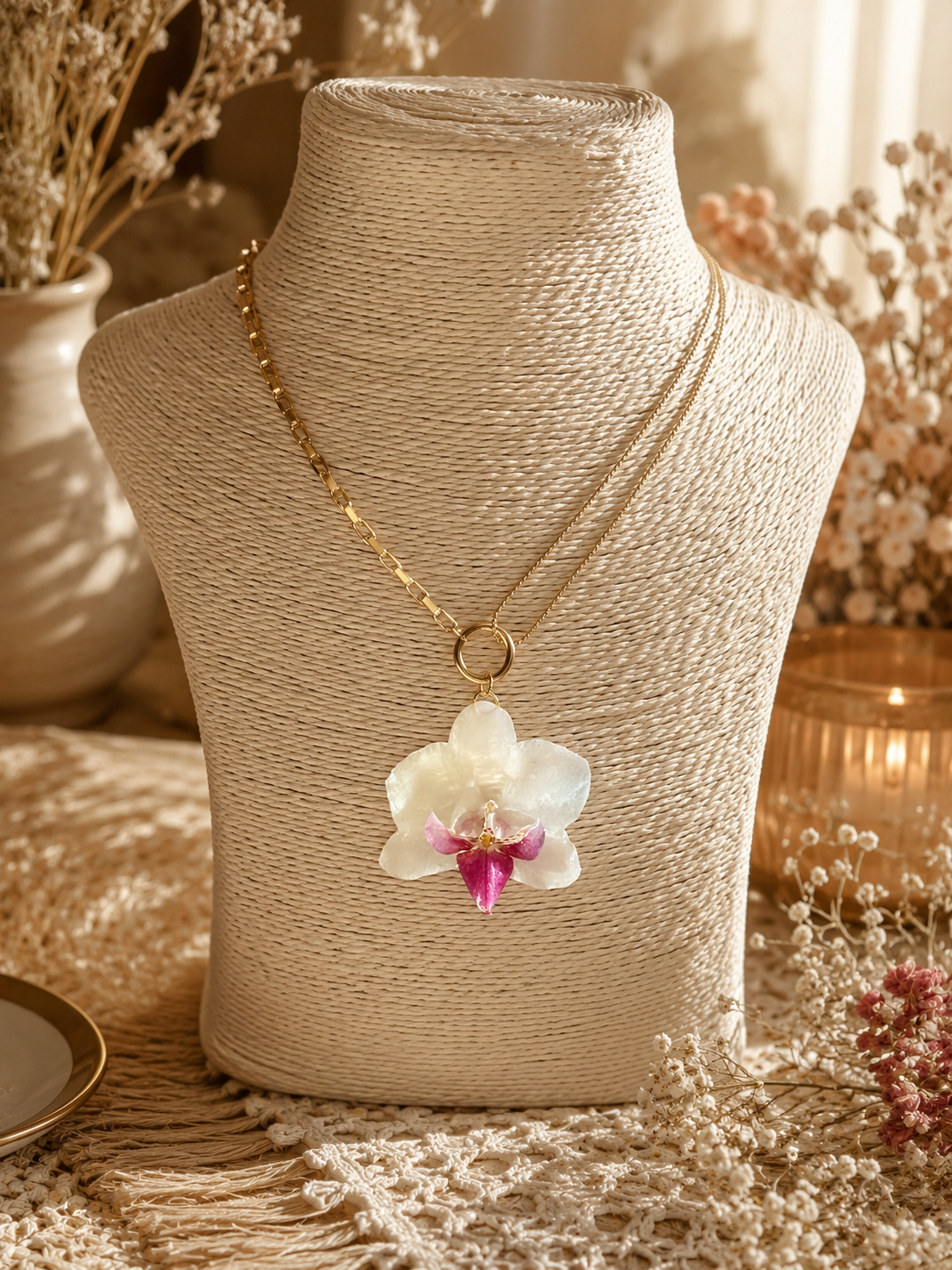 Collier Orchidée Blanche Éternelle – Fleur naturelle résinée