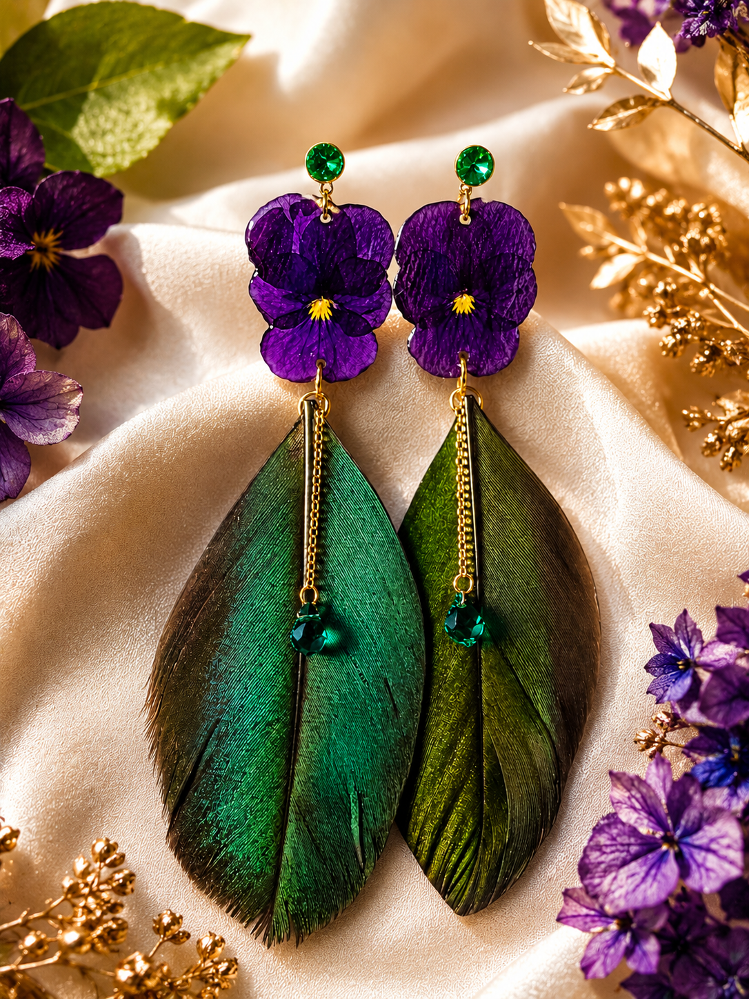 Boucles d’oreilles Pensées & plumes de paon 🦚