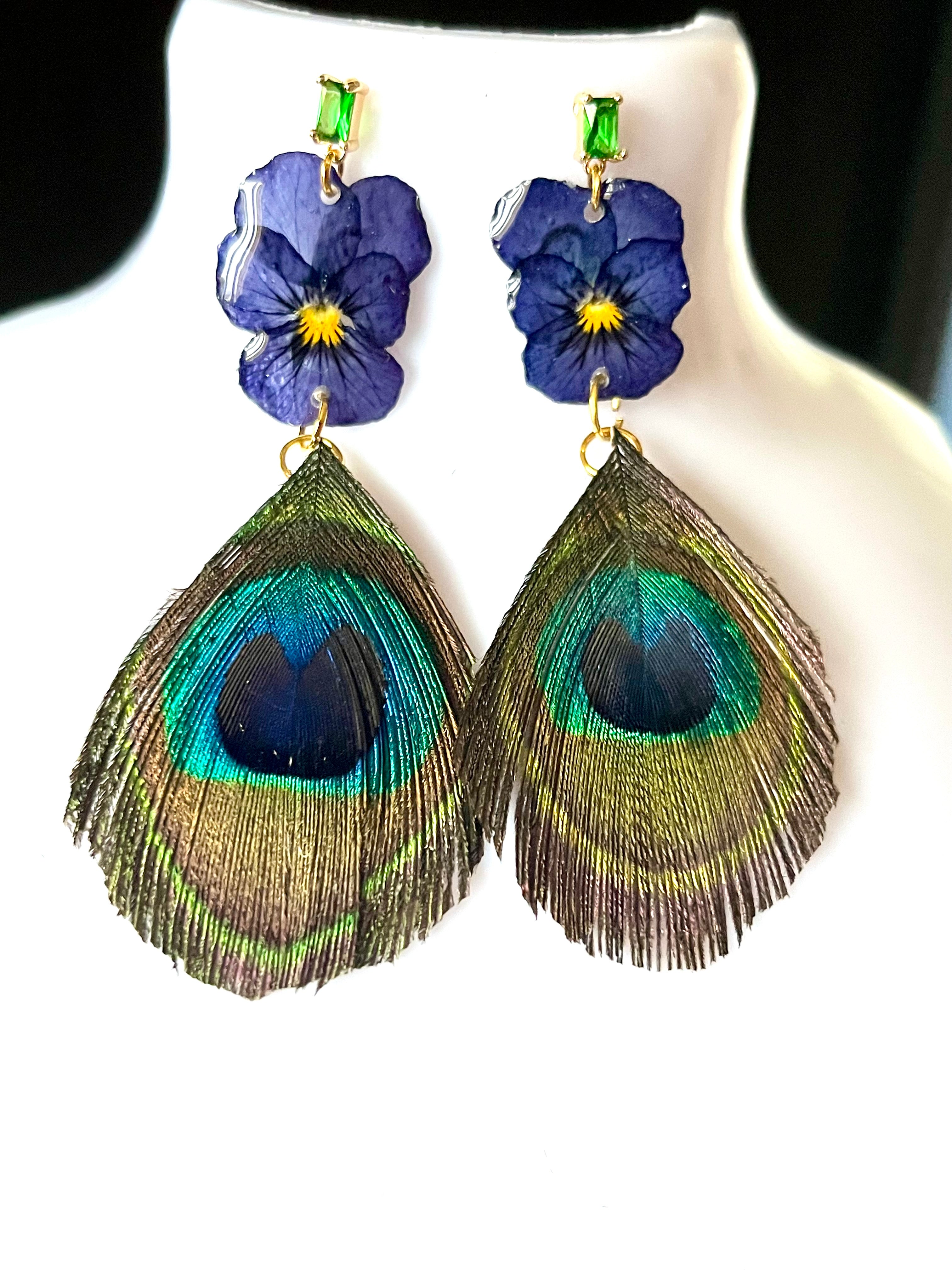 Boucles d’oreilles Pensées & plumes de Paon