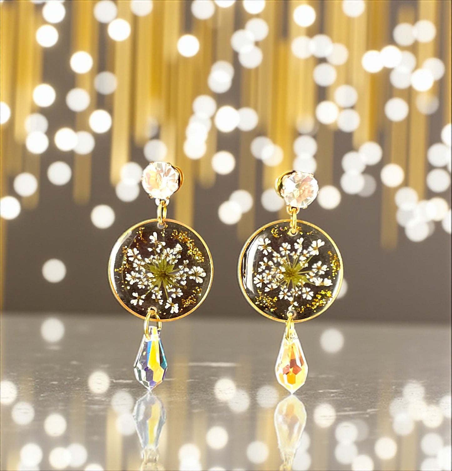 Boucles d’oreilles fleurs de carotte sauvage & goutte Swarovski