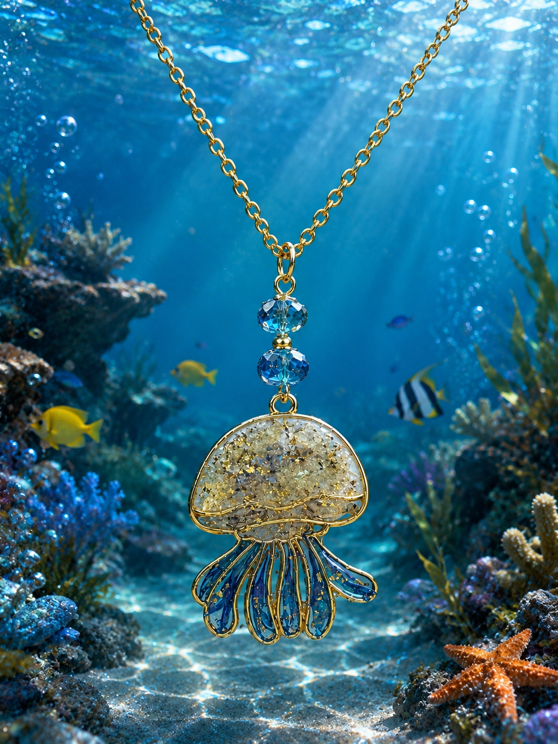 Collier Méduse – Fleurs naturelles gypsophile & bleuet