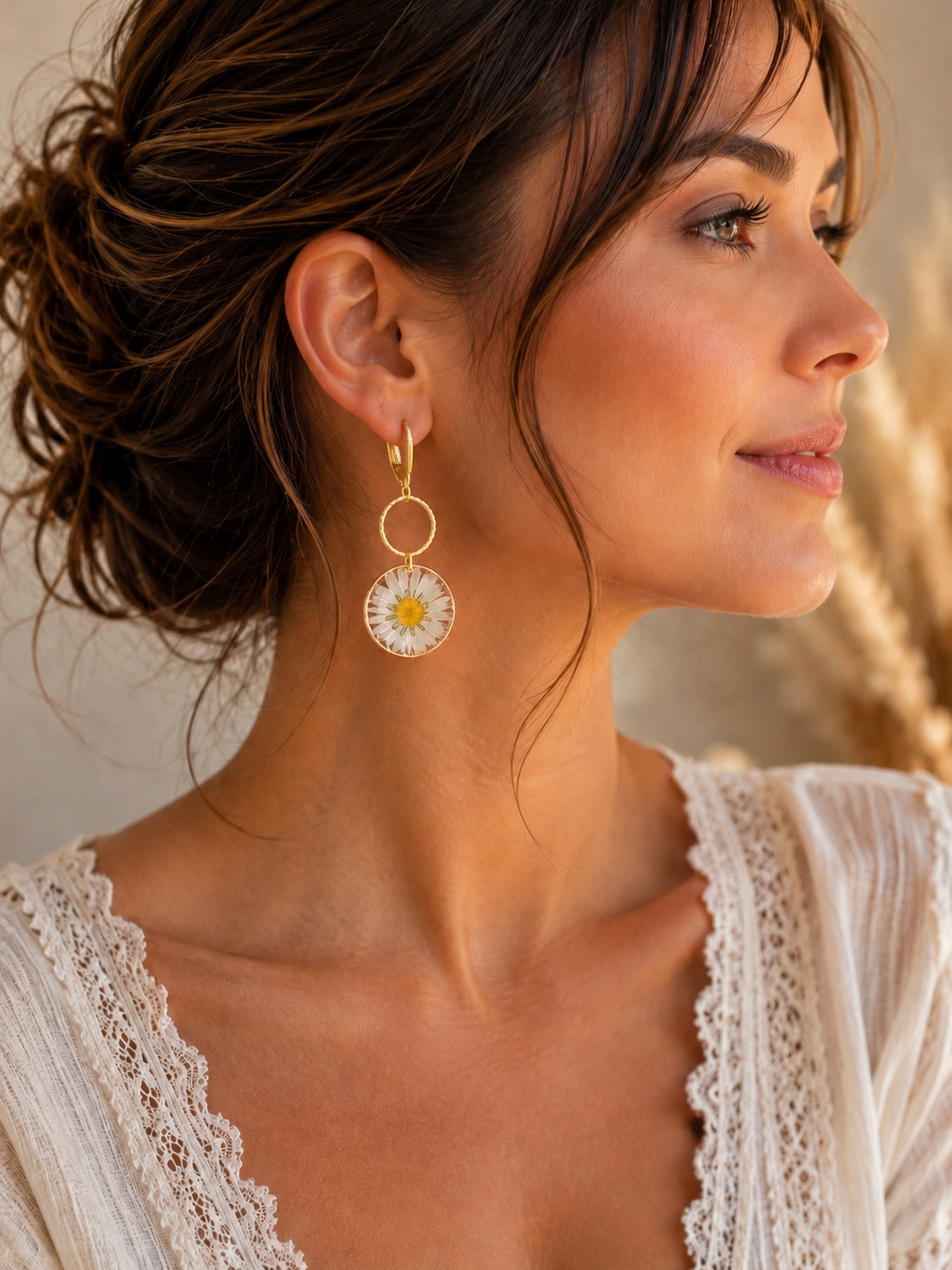 Boucles d’oreilles pâquerette naturelle – Fleur véritable en résine