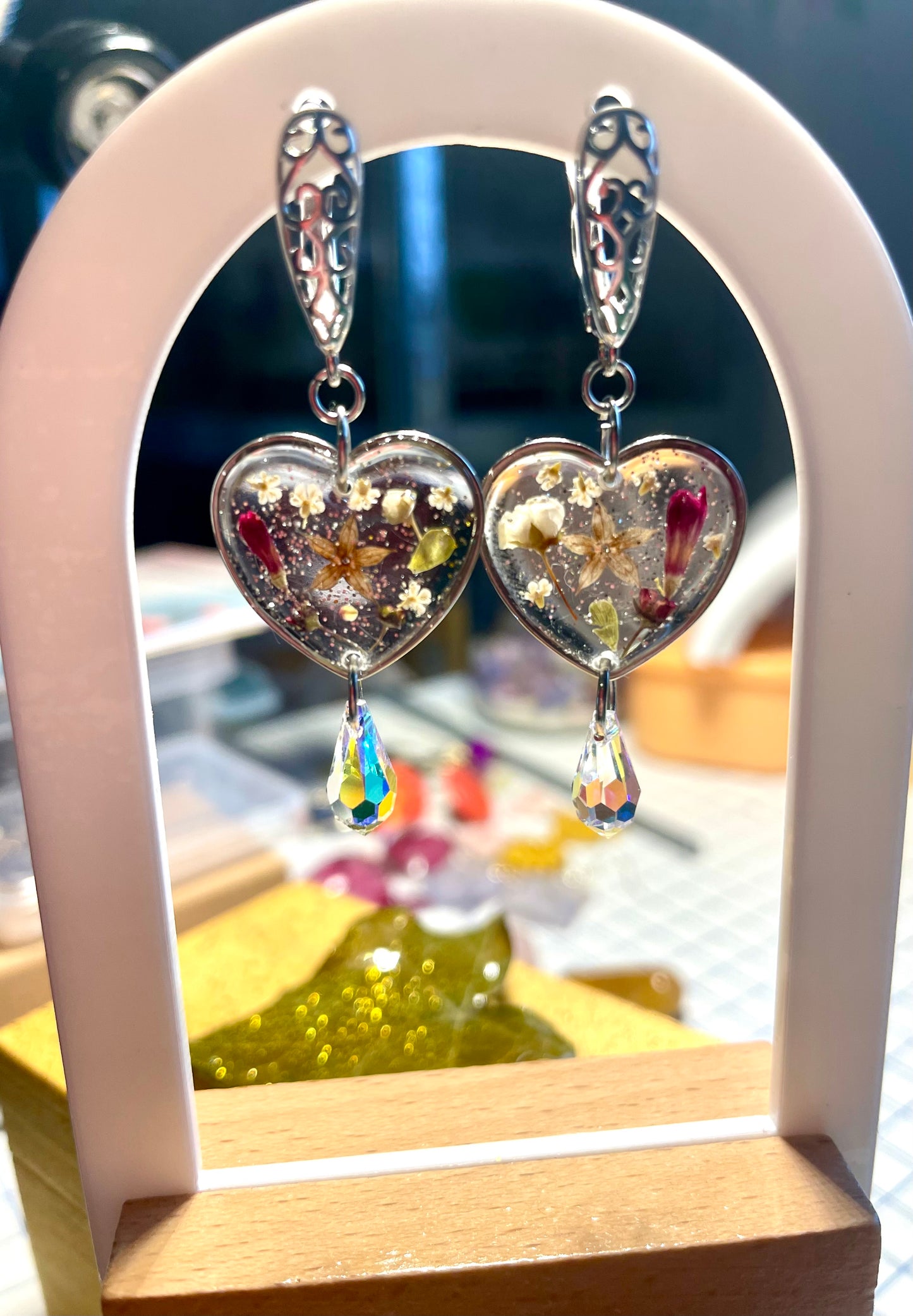 Boucles d’oreilles cœurs de fleurs des champs & gouttes Swarovski