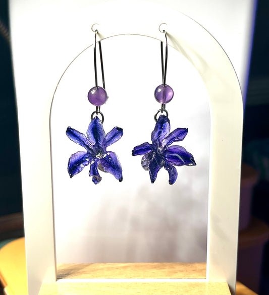 Boucles d’oreilles fleurs Jacynthe bleue & améthyste