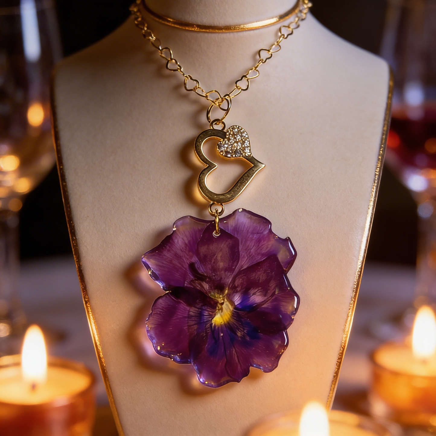 Collier fleur de pensée bordeau & cœur