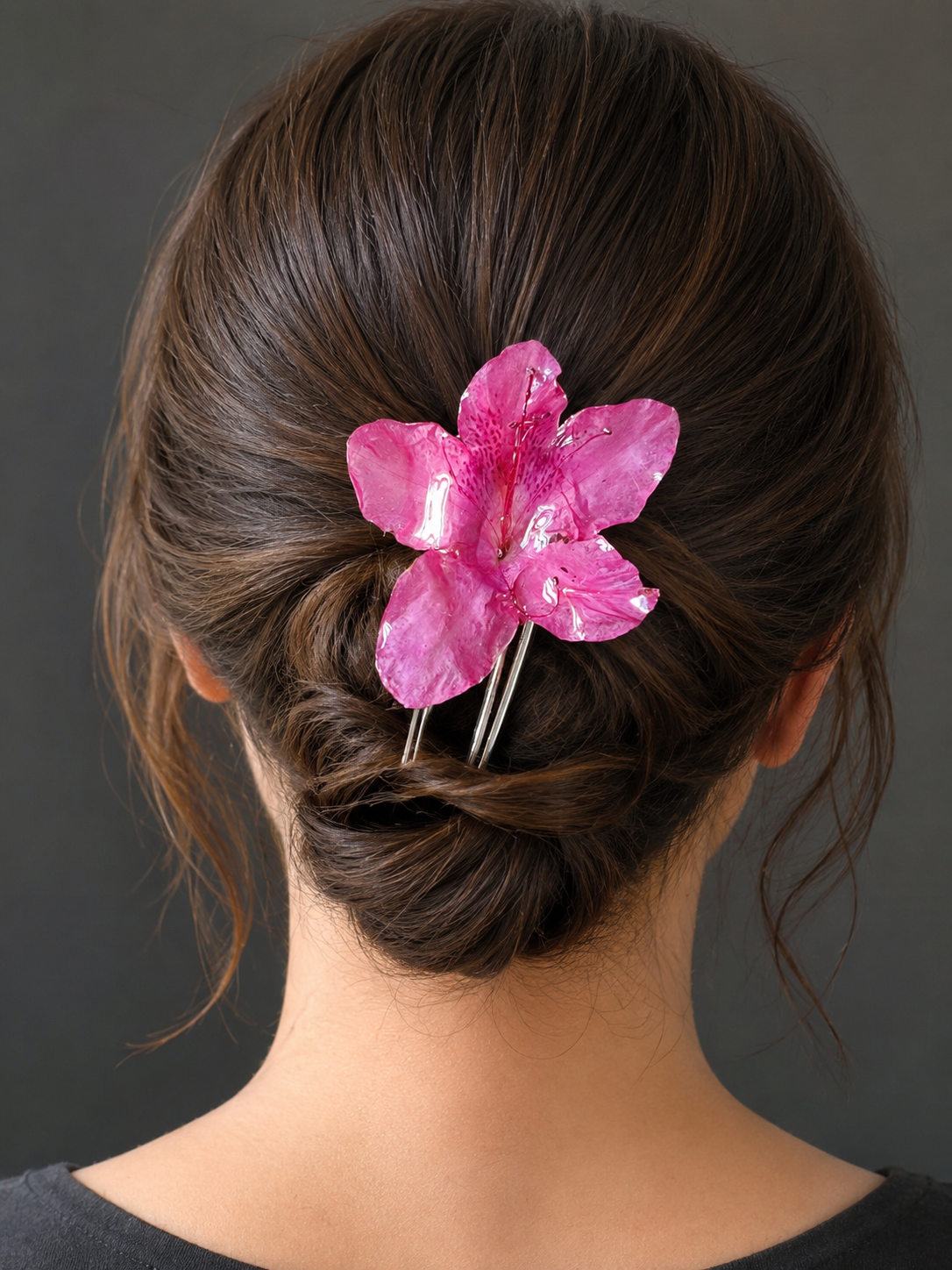 Pic à cheveux fleur naturelle Rhododendron rose – Accessoire bohème élégant