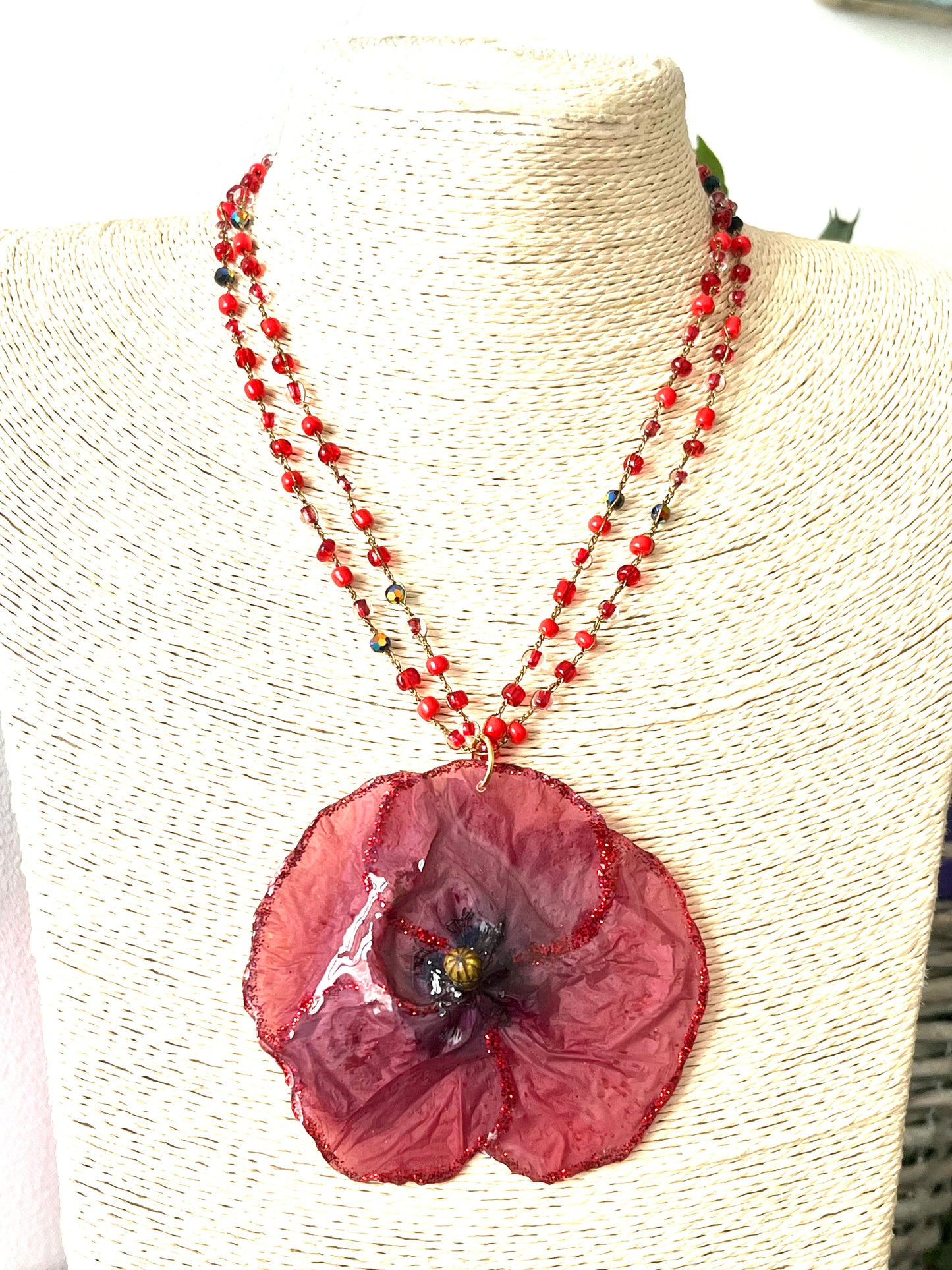 🌺 Collier Coquelicot Naturel – Fleur véritable rouge 🌺