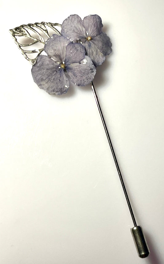 Épingle broche double fleur hortensia bleu