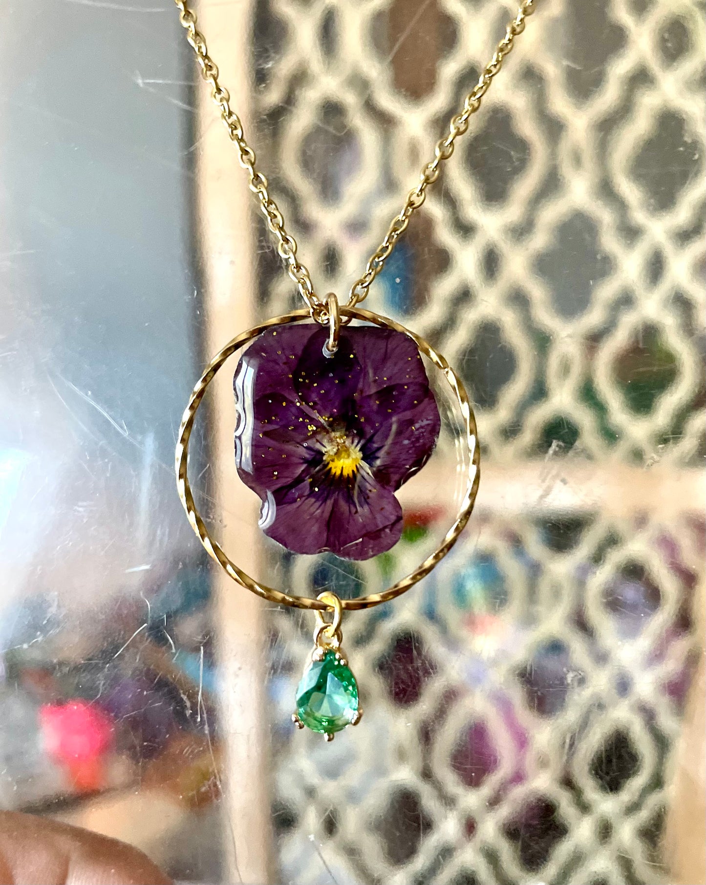 Collier pensée Bordeau & zircon  bleu vert