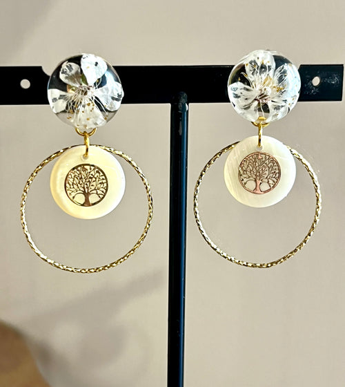 Mother-of-pearl tree of life & resin flower earrings