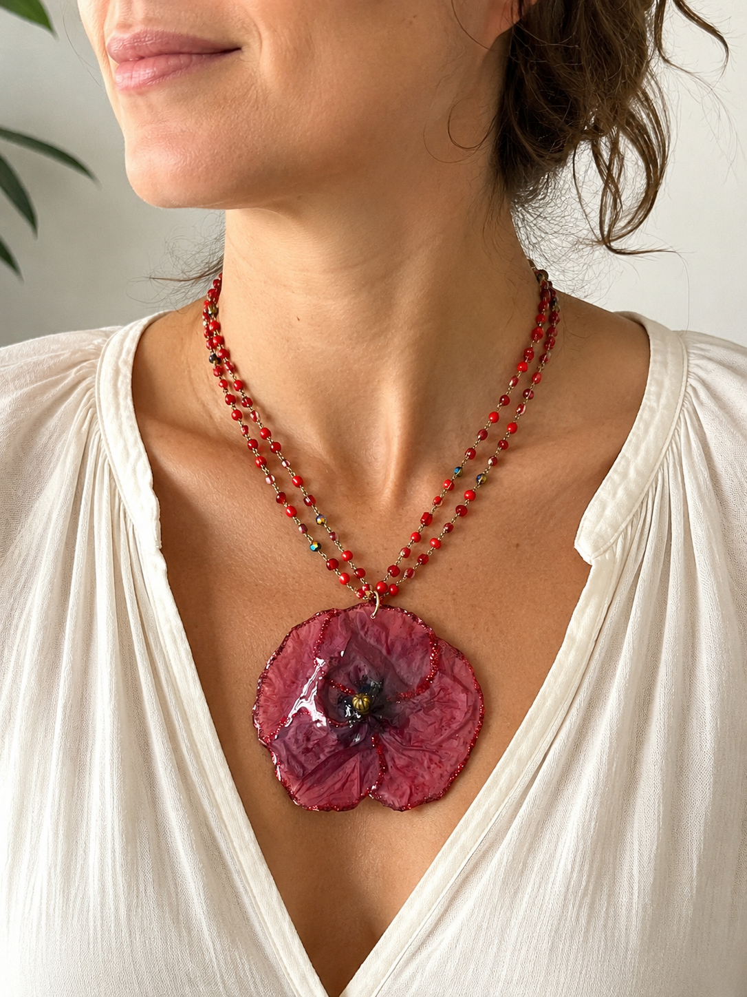 🌺 Collier Coquelicot Naturel – Fleur véritable rouge 🌺
