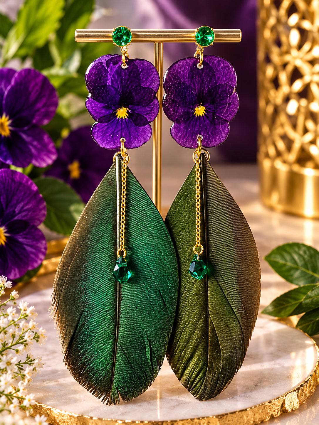 Boucles d’oreilles Pensées & plumes de paon 🦚