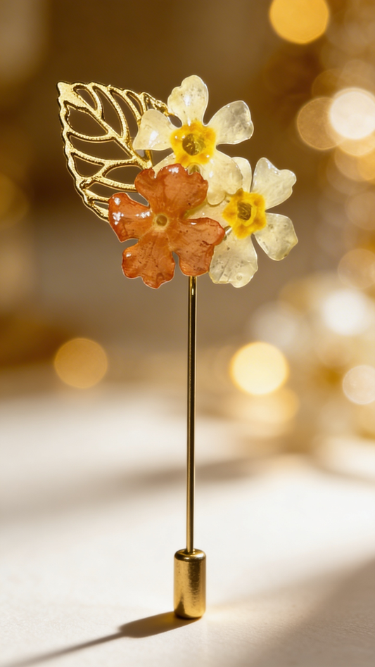 Épingle broche fleurs de primevères & lantana