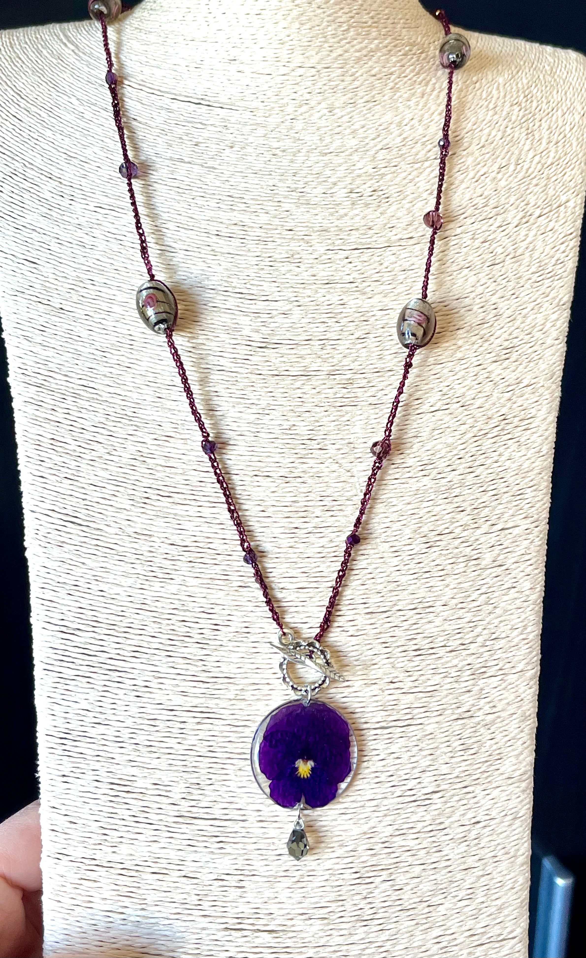 Encapsulated Purple Pansy Pendant Necklace - Handcrafted Bohemian Style