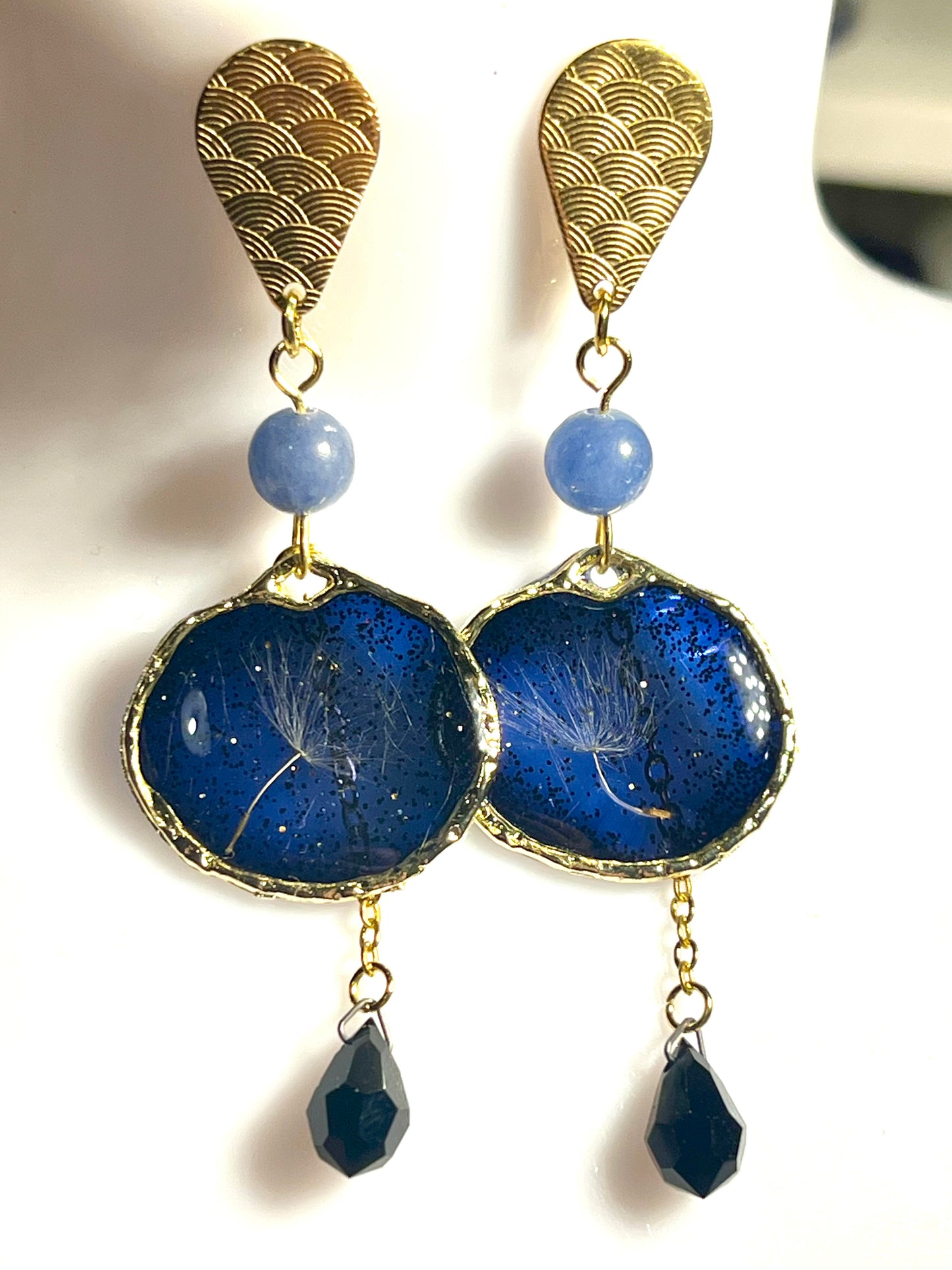 Boucles d’oreilles artisanales « Éclat de Pissenlit Bleu Nuit »