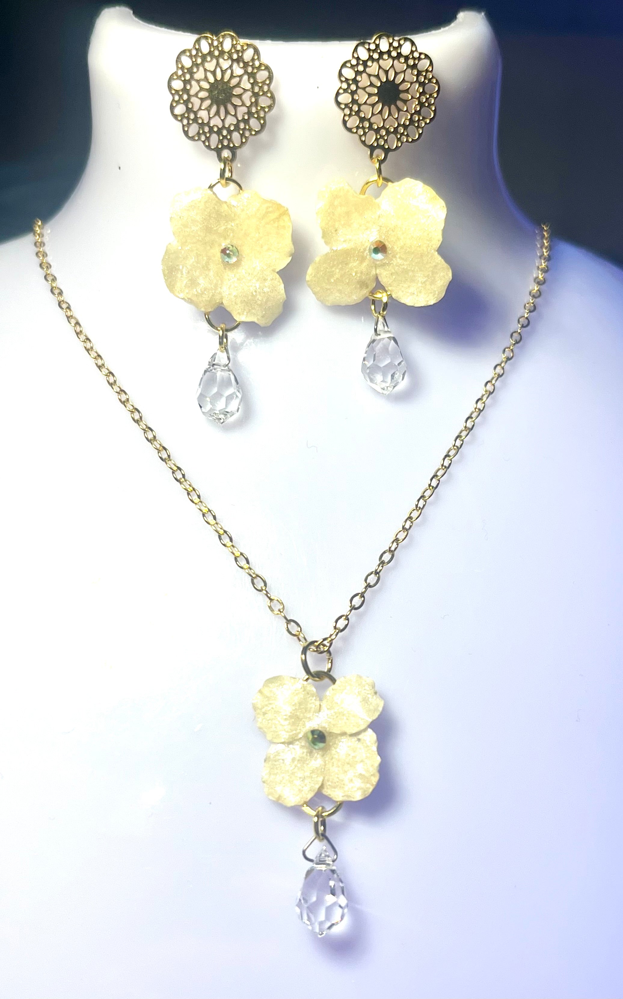 Parure de bijoux hortensia blanc & goutte cristal Preciosa - Aux fleurs de Chloé Parure de bijoux hortensia blanc & goutte cristal Preciosa Parure bijoux Parure bijoux