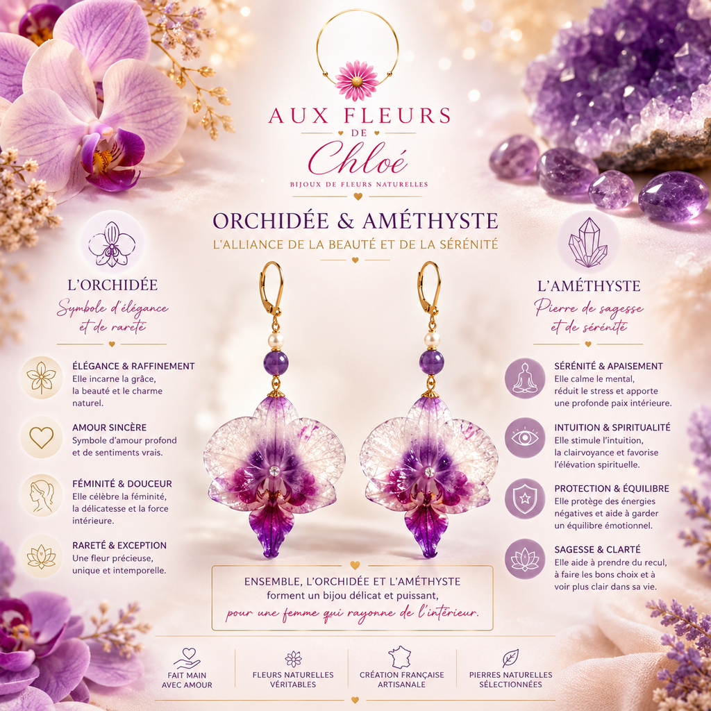 Orchid & Amethyst Earrings – Preserved Natural Flower