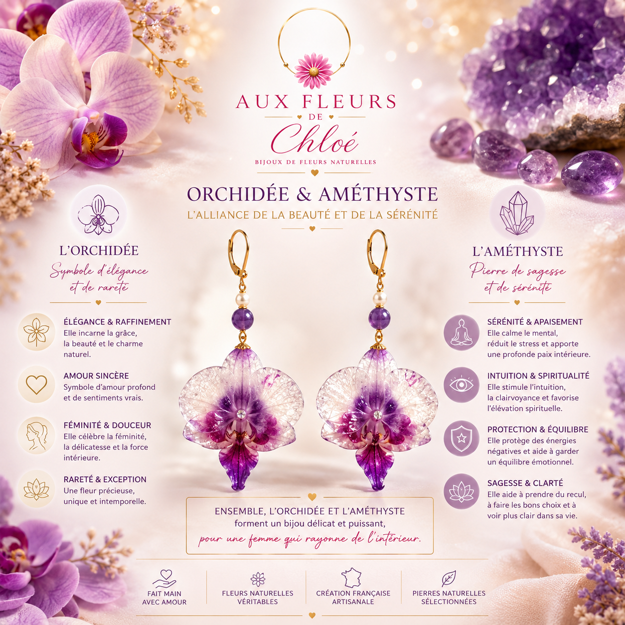 Orchid & Amethyst Earrings – Preserved Natural Flower