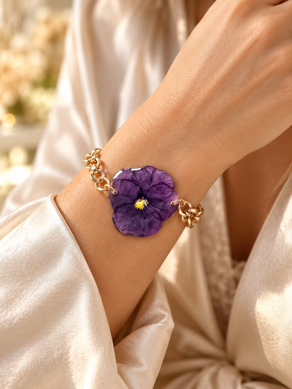 Bracelet Pensée Violette Résinée – Chaîne Dorée
