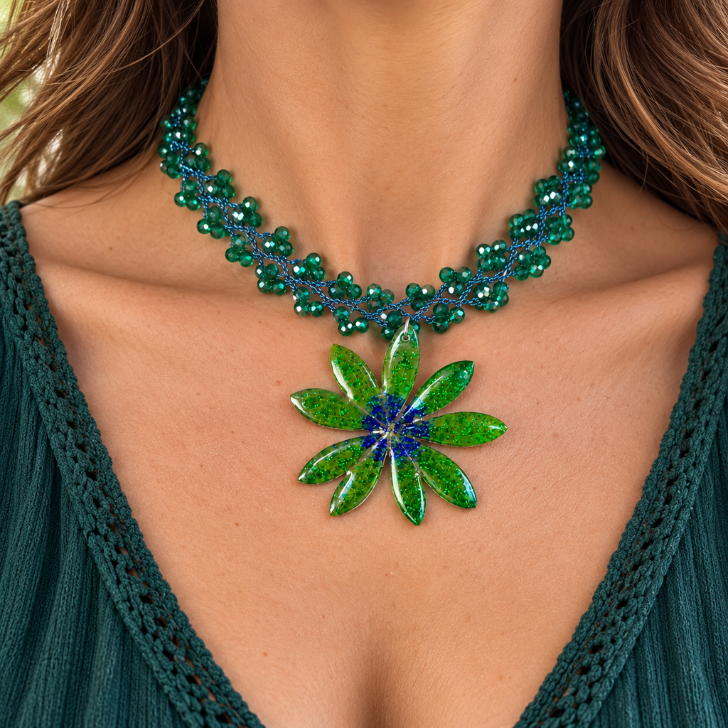 Collier Éclat de Lupin – Feuille de lupin & crochet perlé