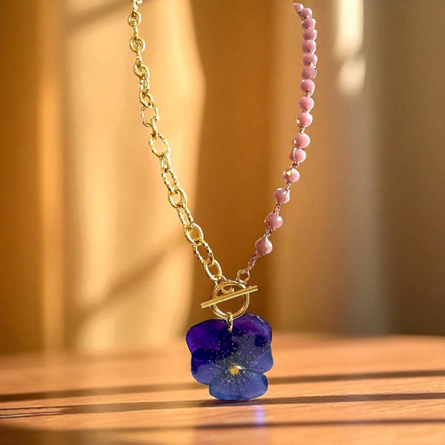 Collier bi-matière perles de verre & pensée