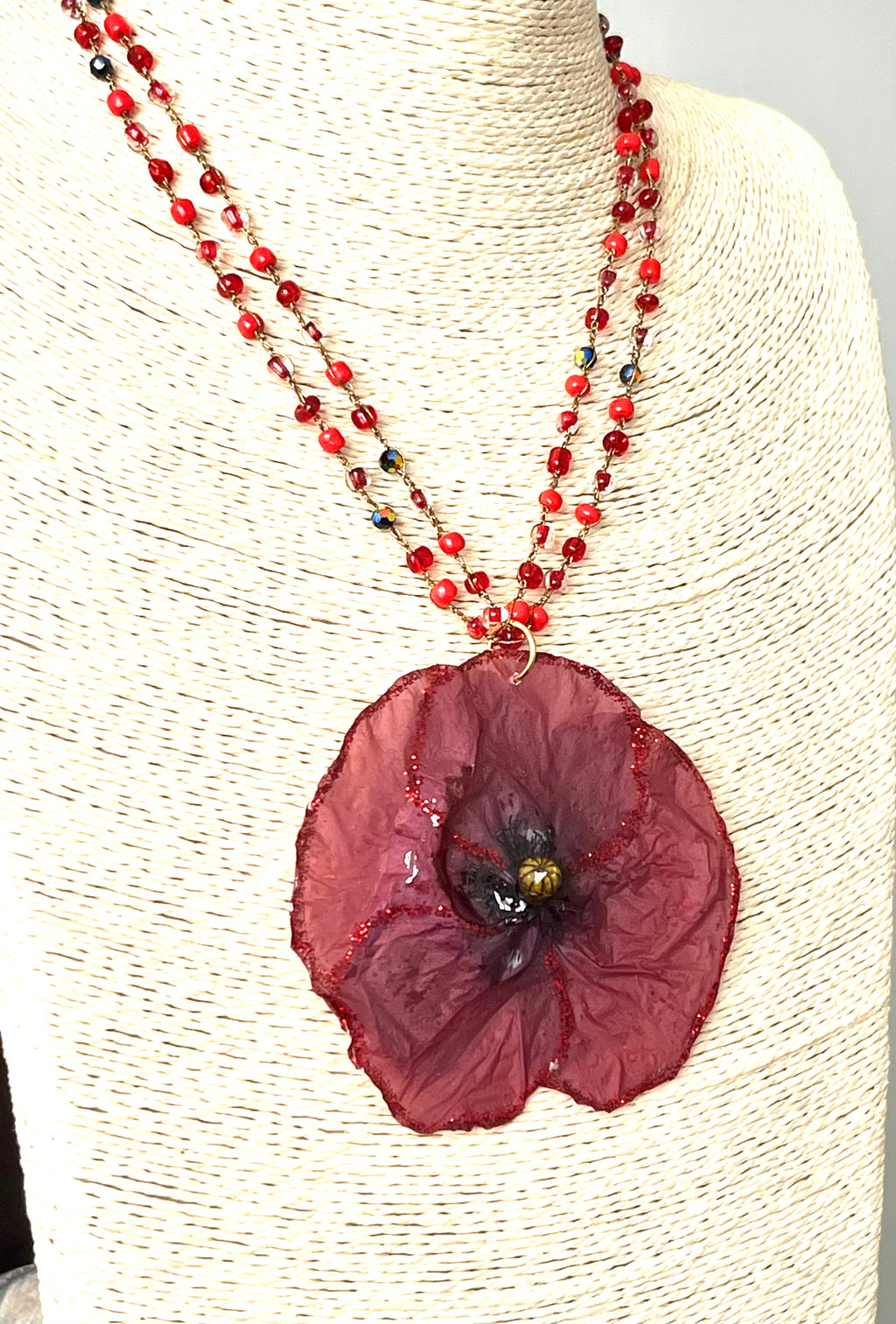🌺 Collier Coquelicot Naturel – Fleur véritable rouge 🌺