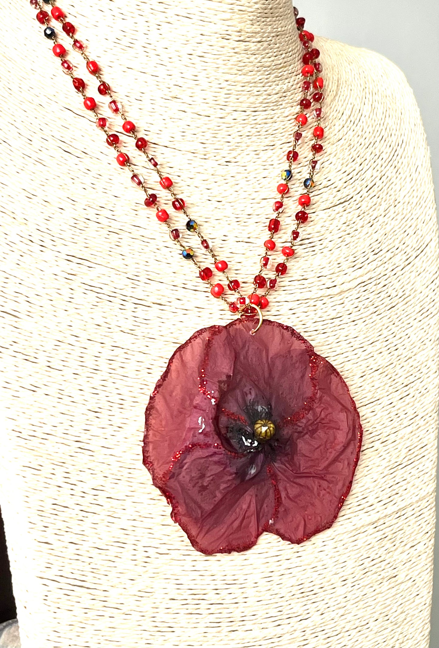 🌺 Collier Coquelicot Naturel – Fleur véritable rouge 🌺