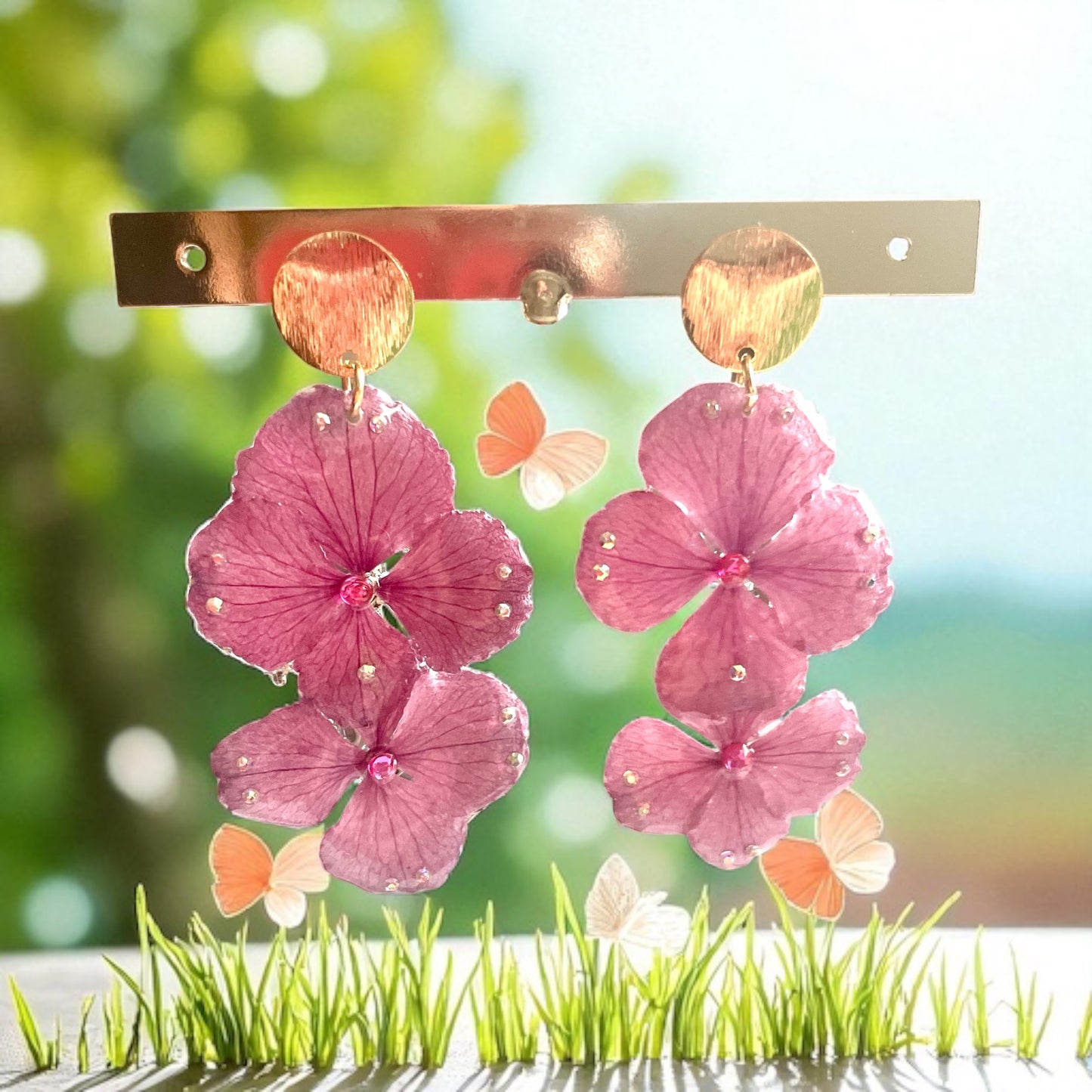 Boucles d’oreilles hortensias rose strass rose