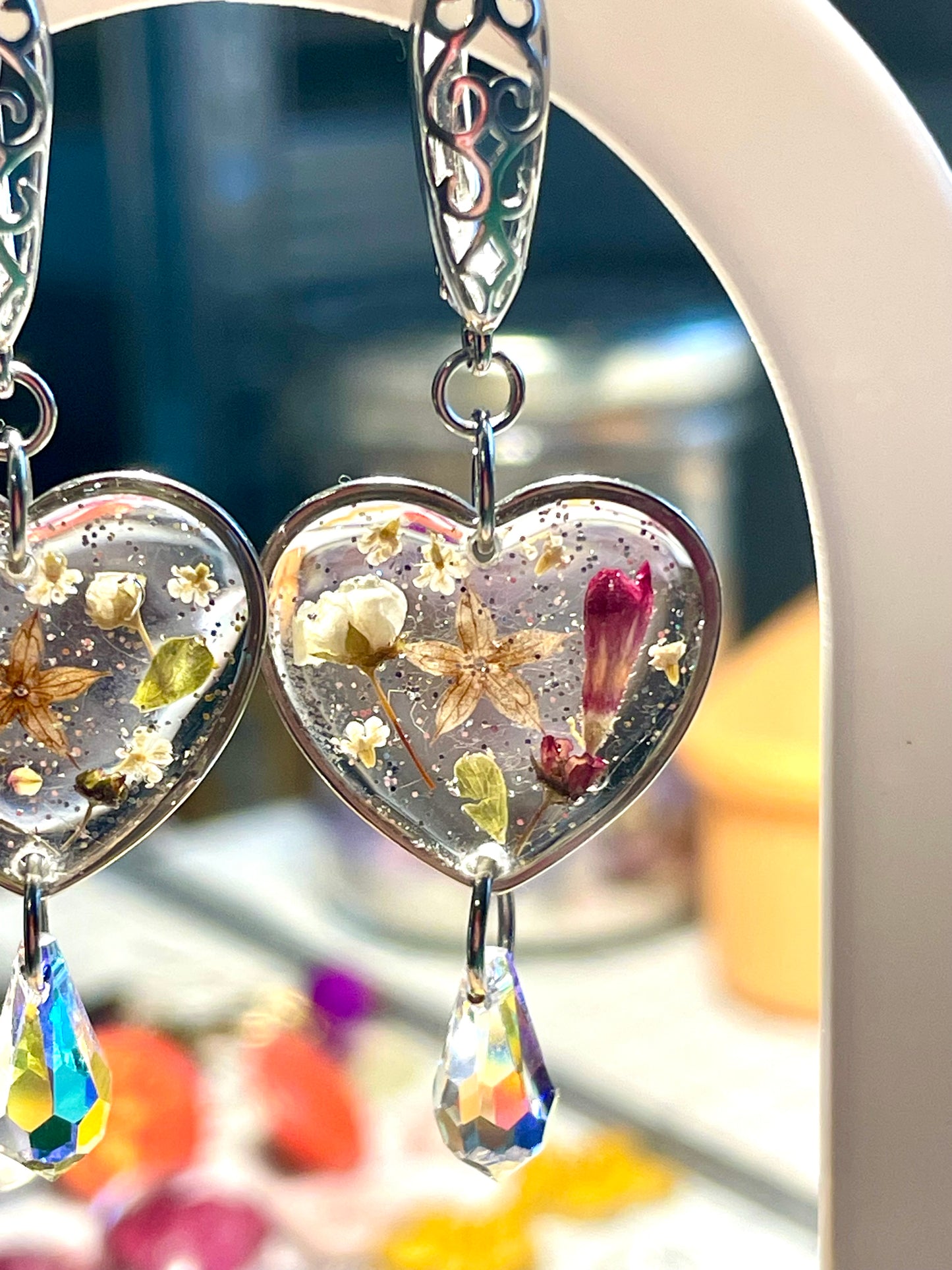 Boucles d’oreilles cœurs de fleurs des champs & gouttes Swarovski