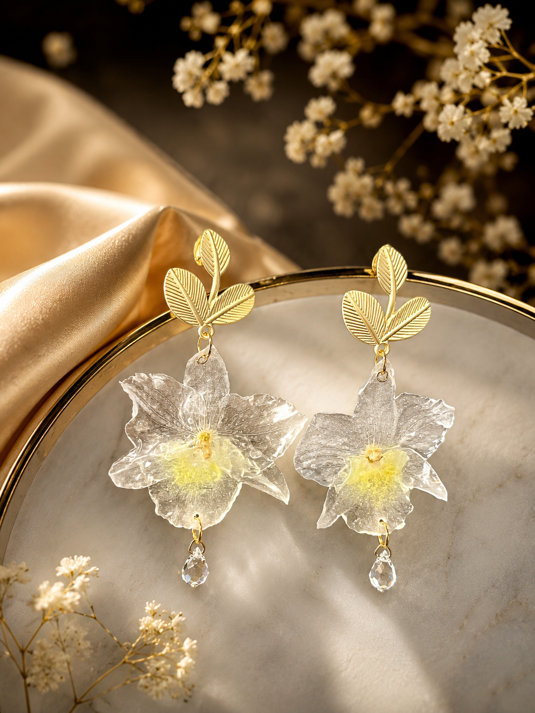Boucles d’oreilles Orchidée Bambou – Fleur naturelle résinée