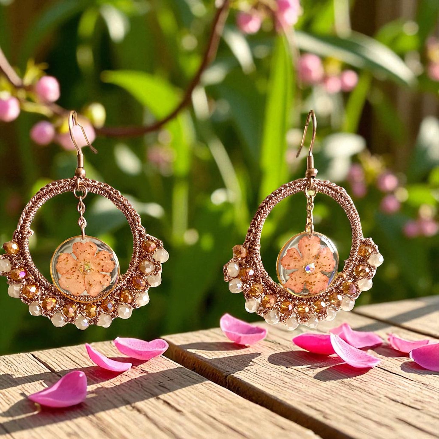 Boucles d’oreilles or rose fleur de Lantana