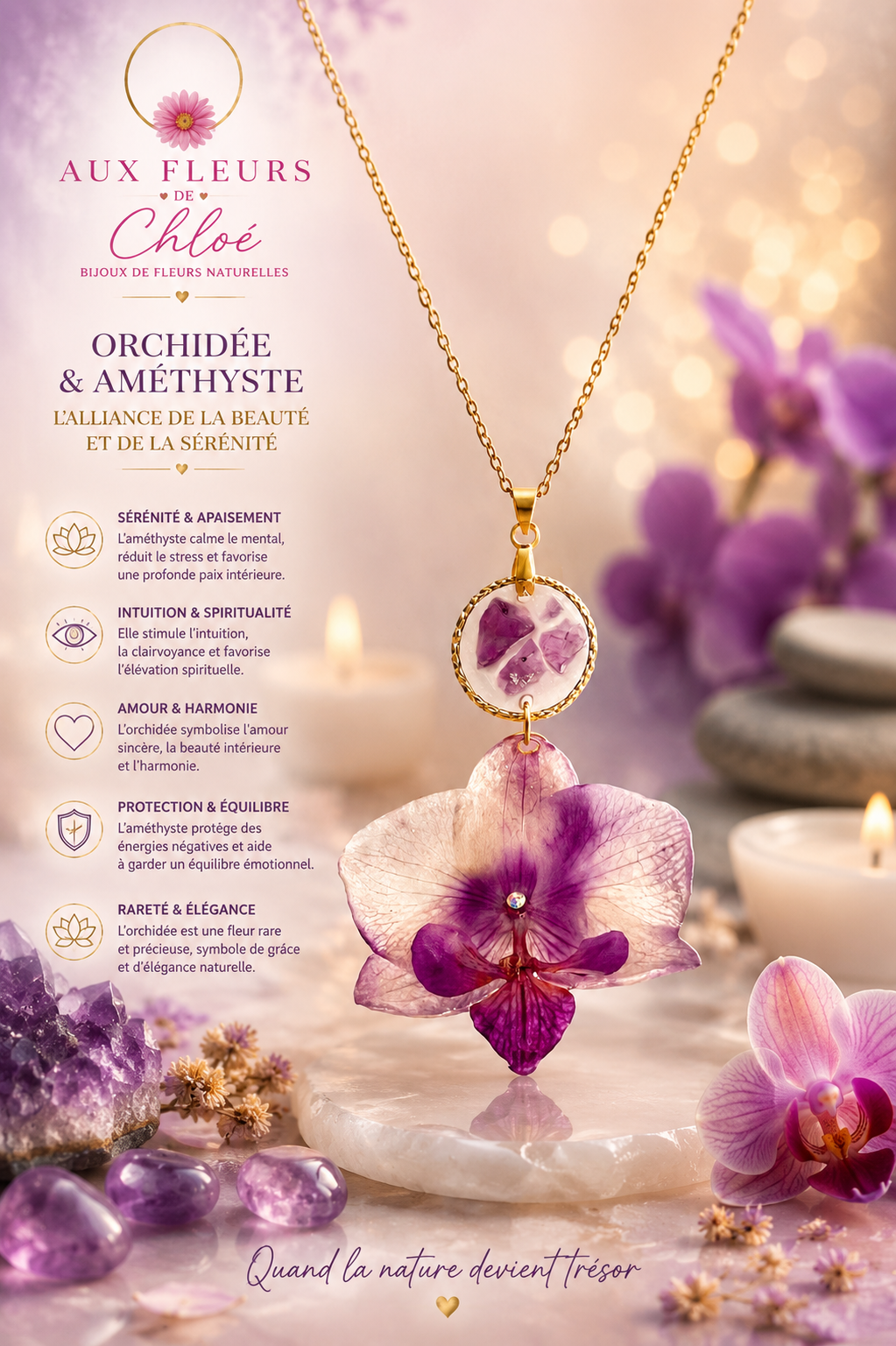 Orchid & Amethyst Necklace – Natural flower -Gilded handmade jewelry