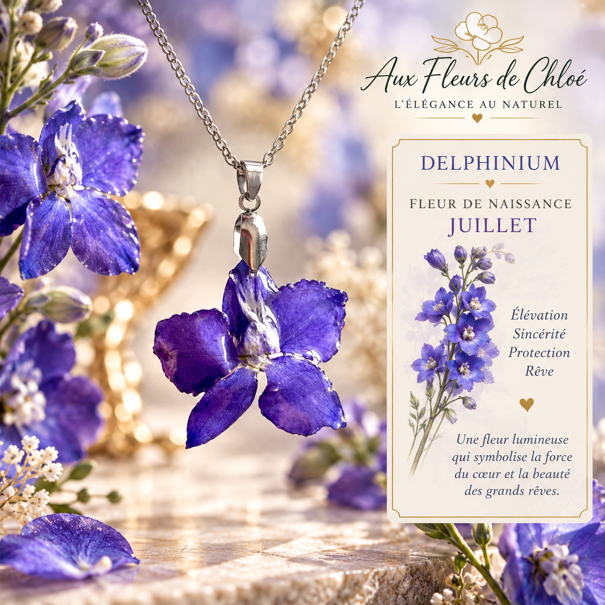 Collier Delphinium – Fleur de naissance de Juillet | Bijou floral artisanal