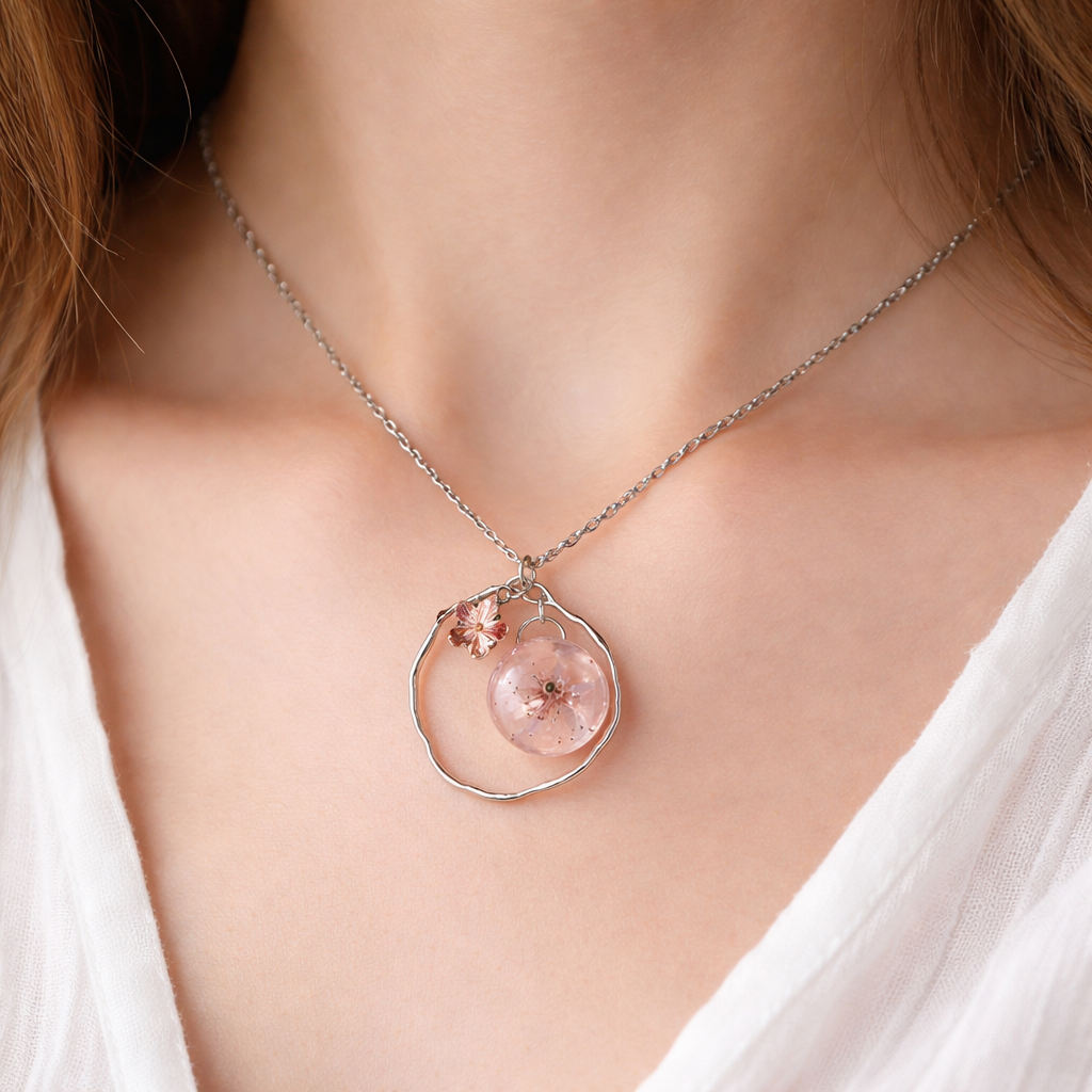 🌸 Collier Fleur de Prunus Naturelle & Cristal Swarovski® – Pendentif Fleur Séchée en Résine