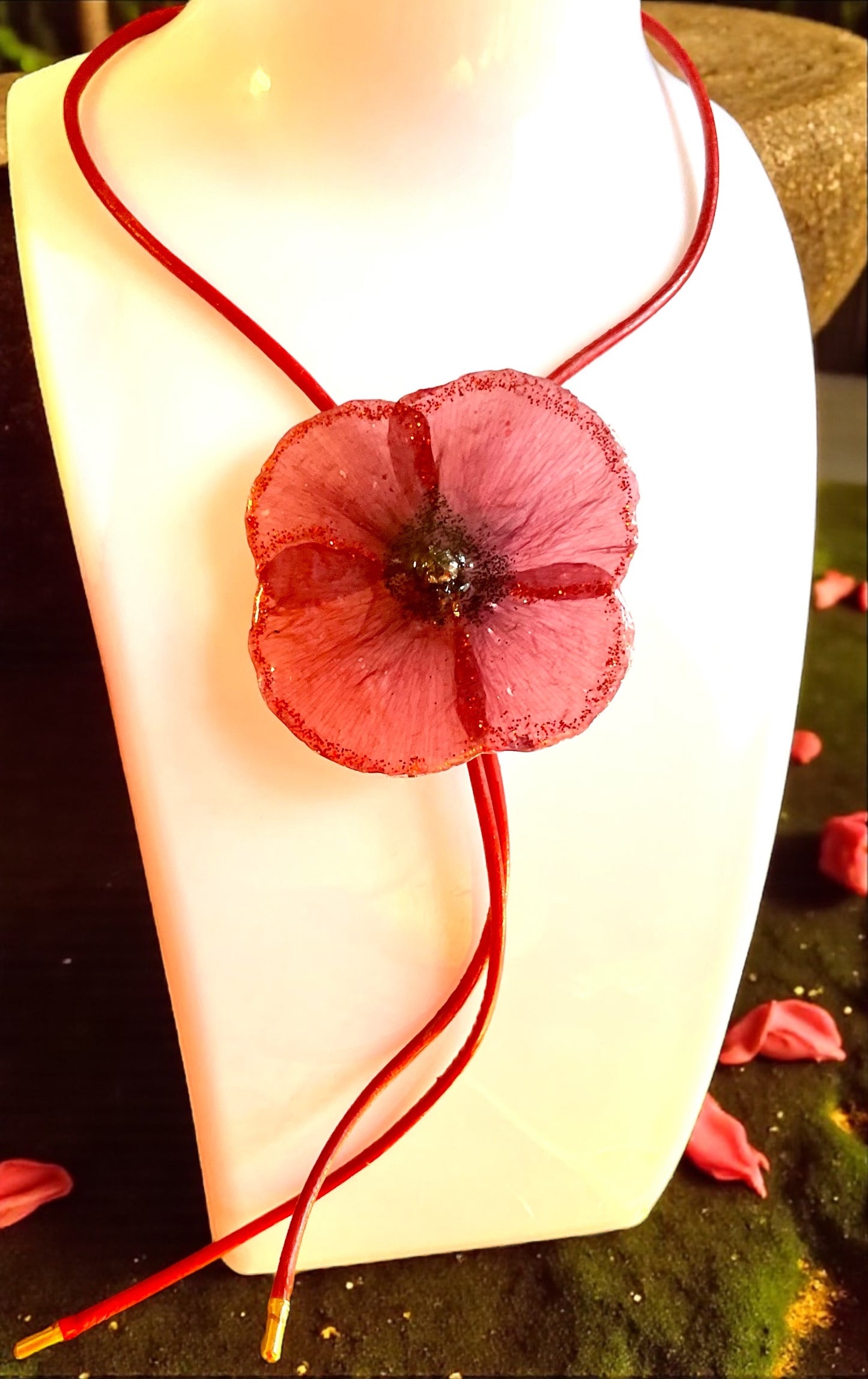 Collier cordon cuir Coquelicot