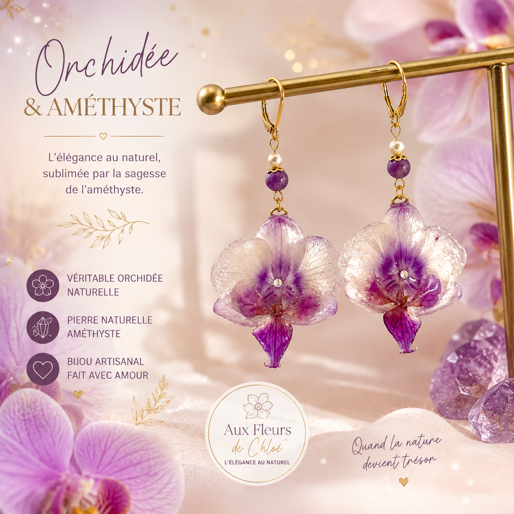 Orchid & Amethyst Earrings – Preserved Natural Flower
