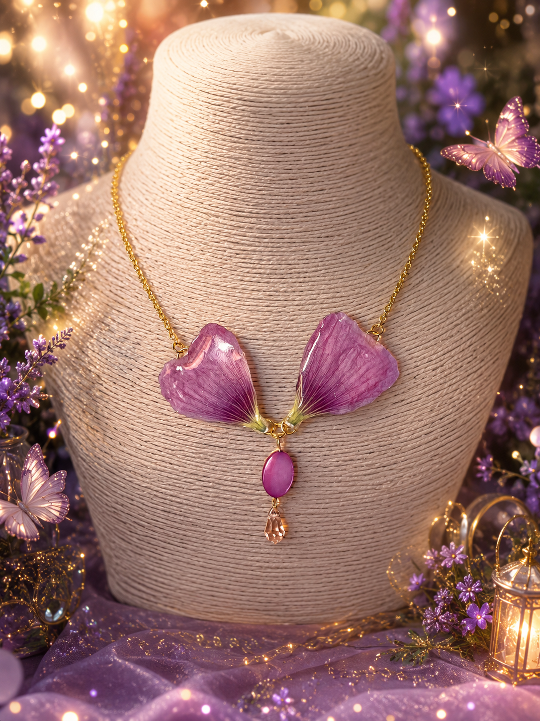Collier Ailes de Fée – Rose Trémière & Cristal Preciosa