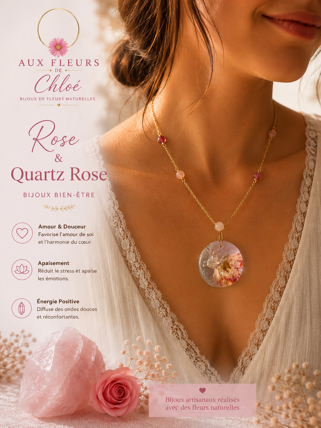 Collier Bien-Être Rose & Quartz Rose – Fleur naturelle & Pierre naturelle