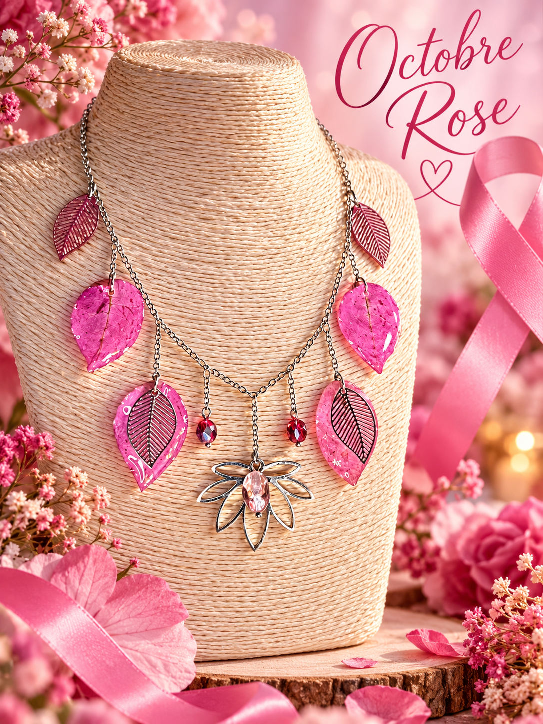 Collier en bougainvillier naturel rose | Bijou artisanal