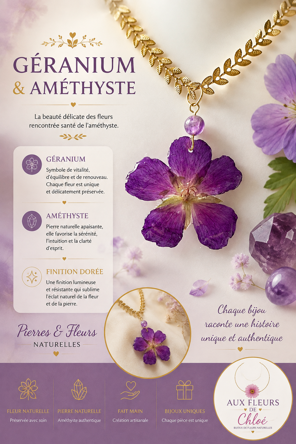 Collier Géranium & Améthyste – Fleur naturelle