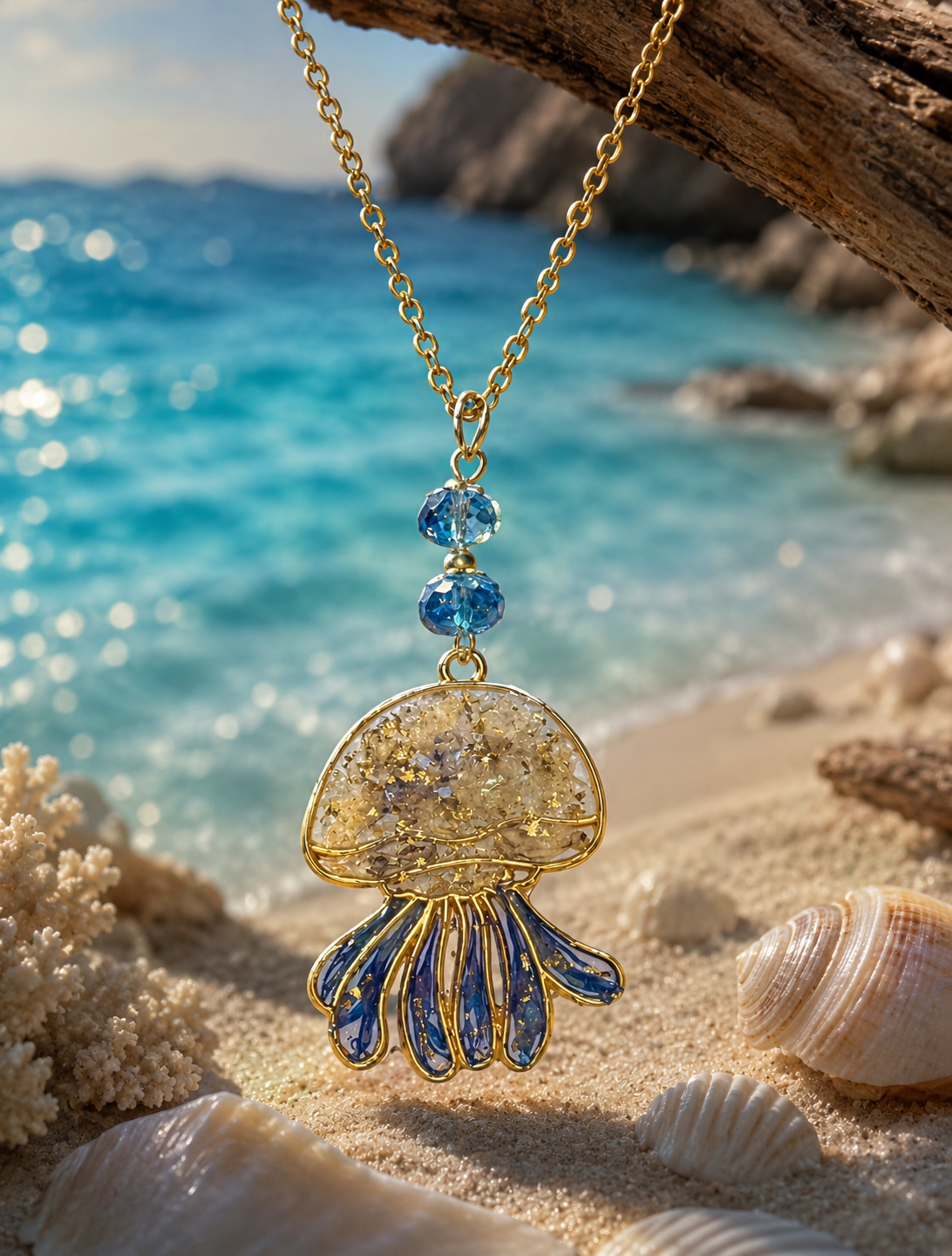 Collier Méduse – Fleurs naturelles gypsophile & bleuet