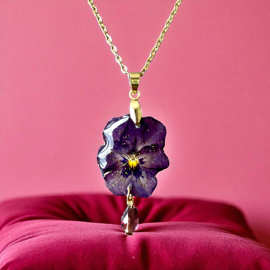 Collier Pensée bordeau & perle de verre