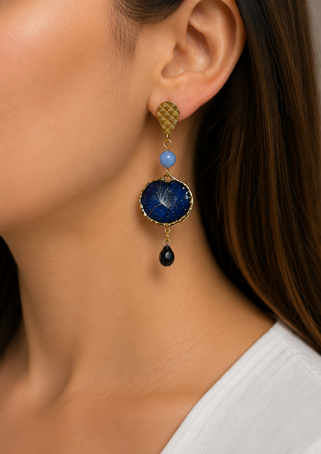 Boucles d’oreilles artisanales « Éclat de Pissenlit Bleu Nuit »