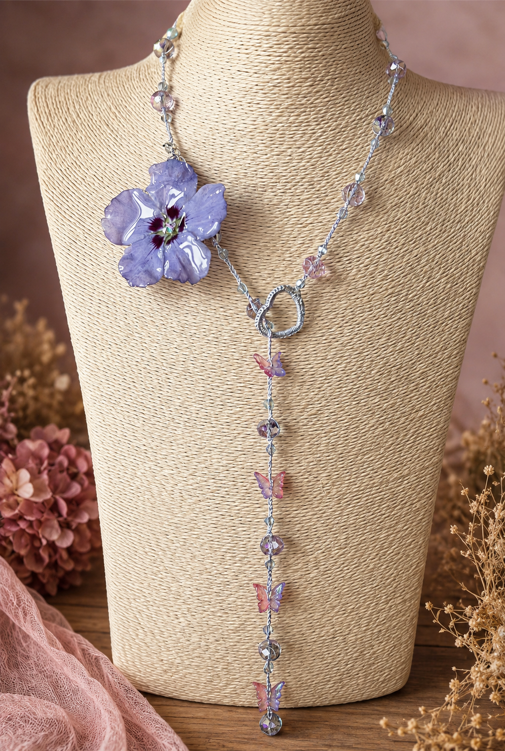 Collier sautoir Hibiscus & Papillons