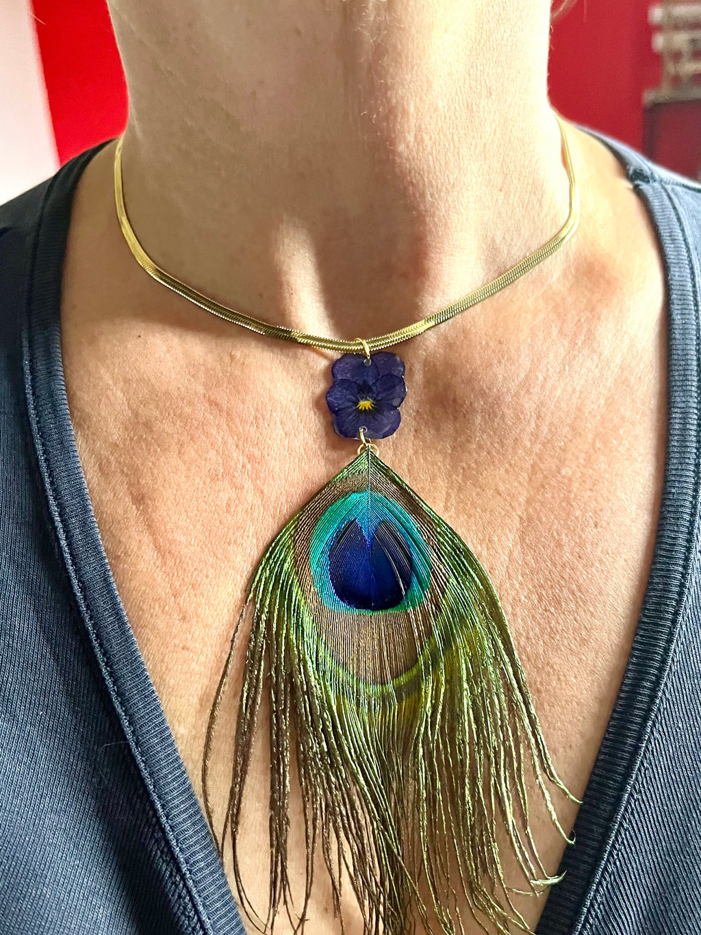Collier Pensée & plume de Paon 🦚