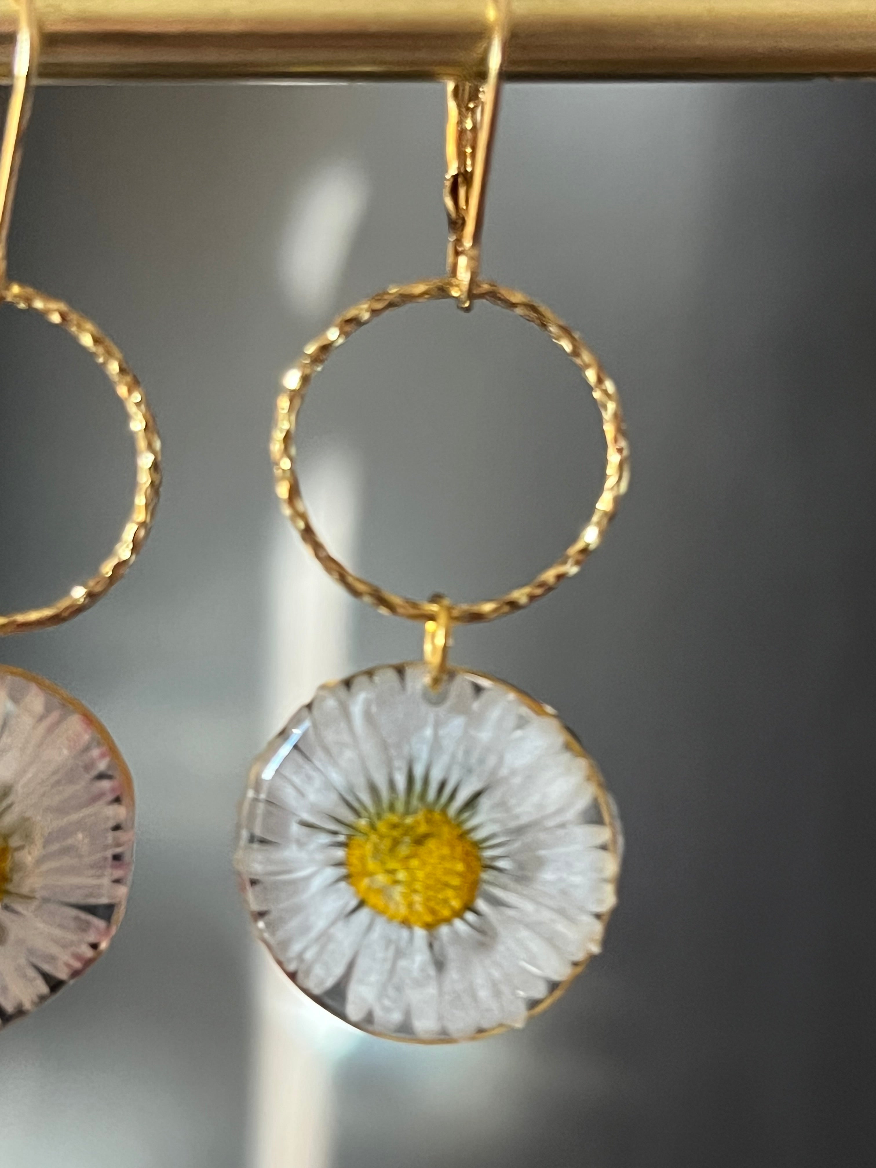 Boucles d’oreilles pâquerette naturelle – Fleur véritable en résine
