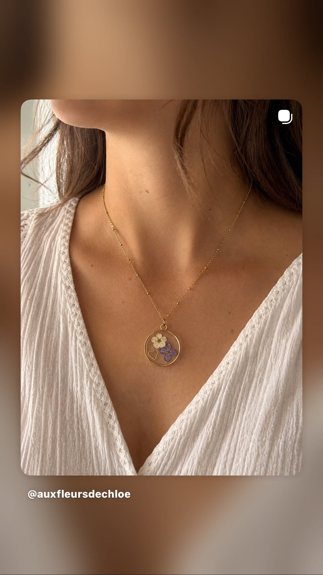 🌸 Collier médaillon fleurs de lilas & églantine