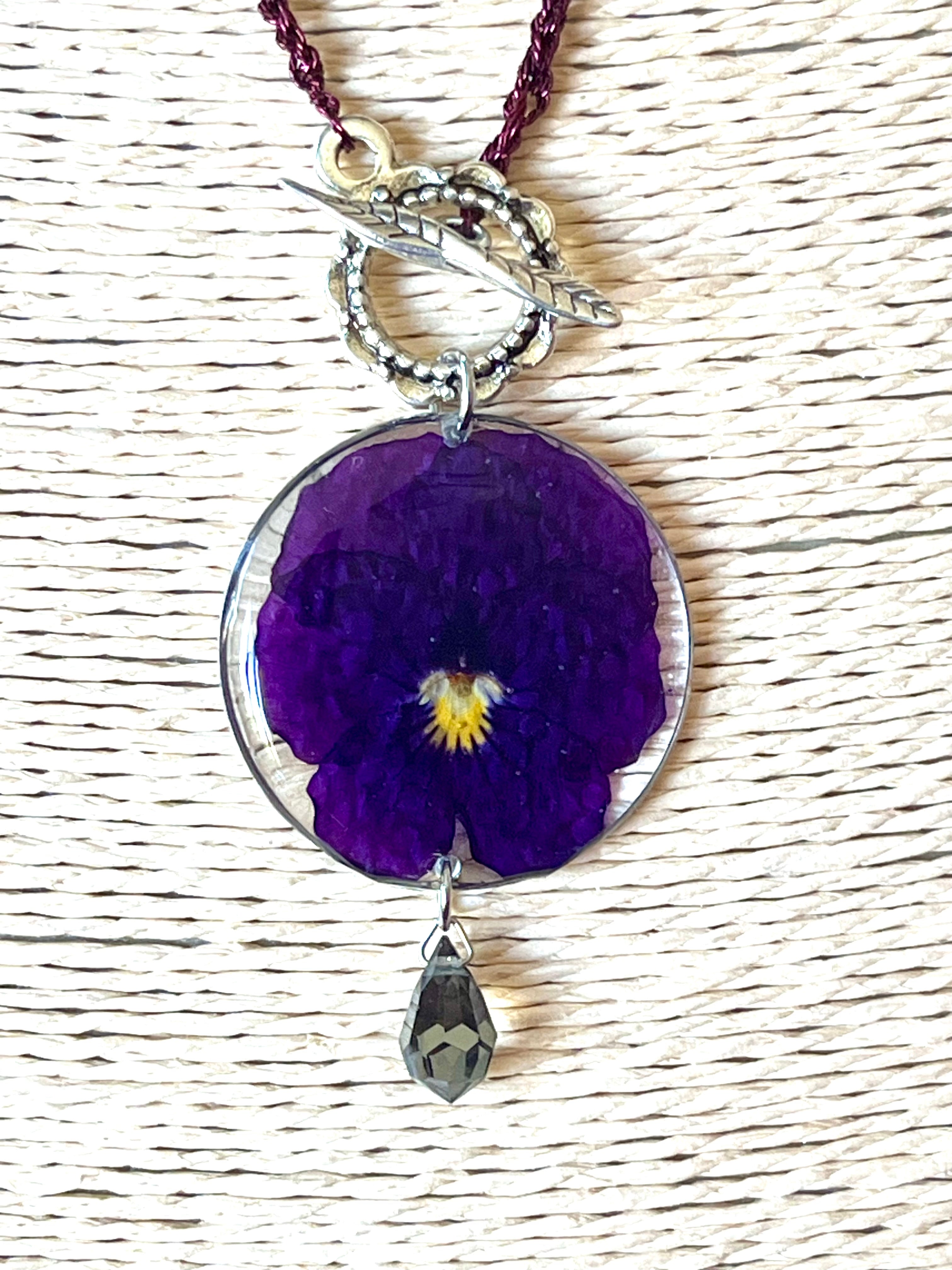 Encapsulated Purple Pansy Pendant Necklace - Handcrafted Bohemian Style