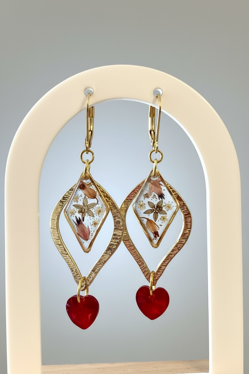 Boucles d’oreilles bouquet de fleurs & cœur de cristal