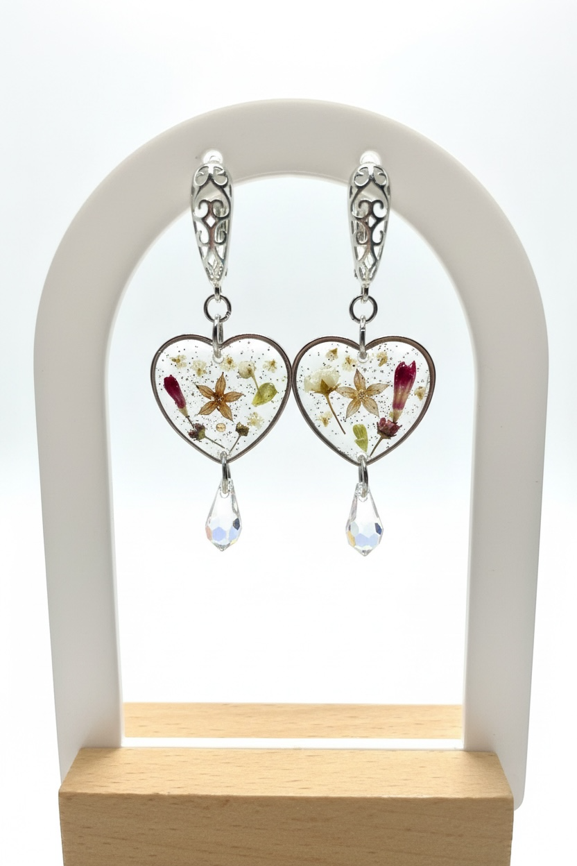 Boucles d’oreilles cœurs de fleurs des champs & gouttes Swarovski